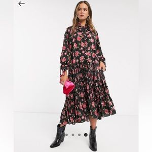 Sister Jane MIDI Pleated Smock Dress in rose print NWT